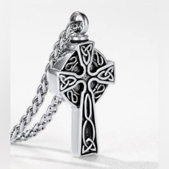 Stainless Steel Celtic Cross Urn Necklace for Ashes Spiga Chain  NIB - Picture 1 of 10
